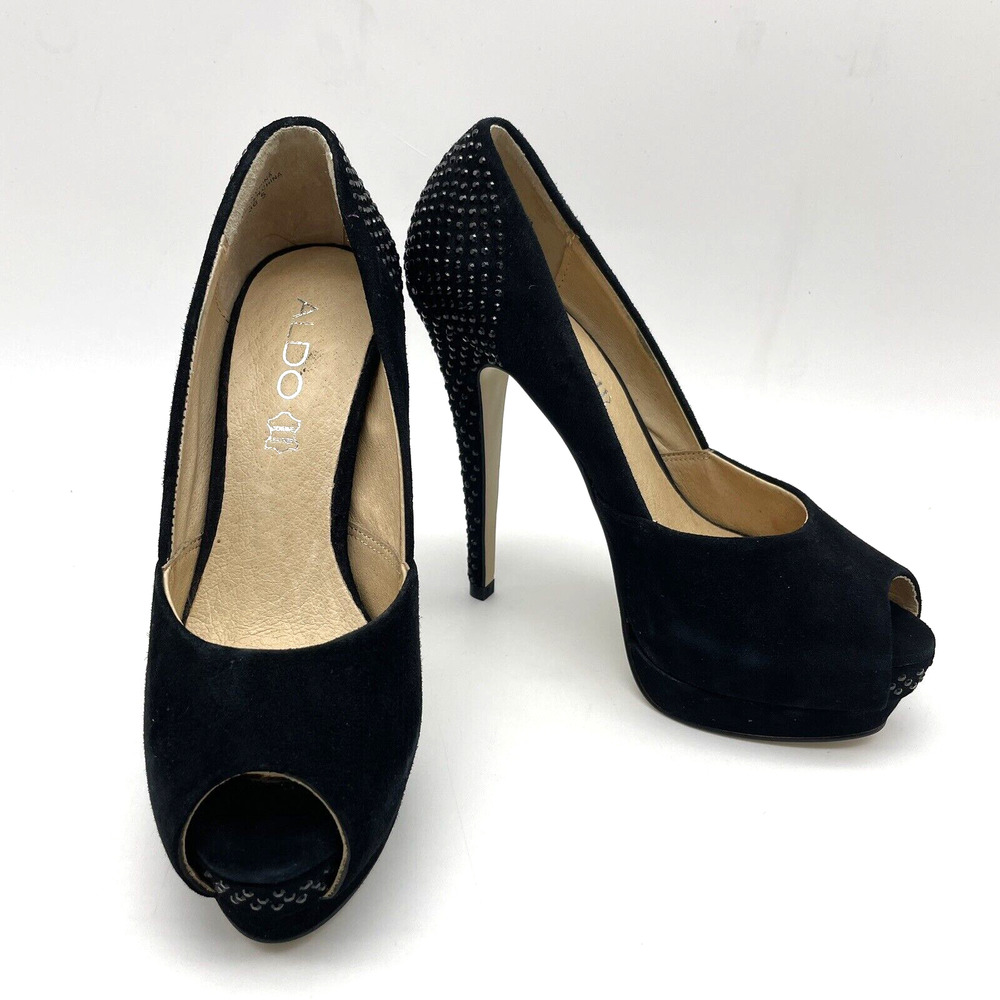 ALDO Black Suede Peep Toe Rhinestone Embellished 5 1/4" Platform Heels 6 or 36.5